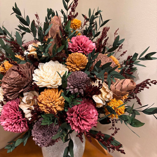 Tall Tan Vase with Preserved Eucalyptus and Brown, Yellow and Cream Sola Wood Flowers