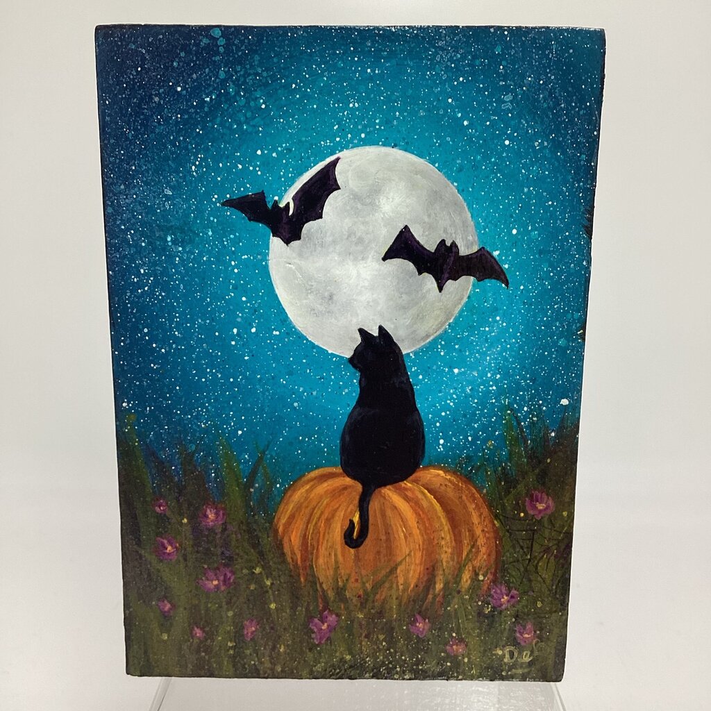 Black Cat & Pumpkin Wood Block Painting