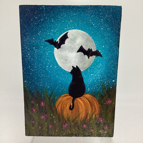 Black Cat & Pumpkin Wood Block Painting