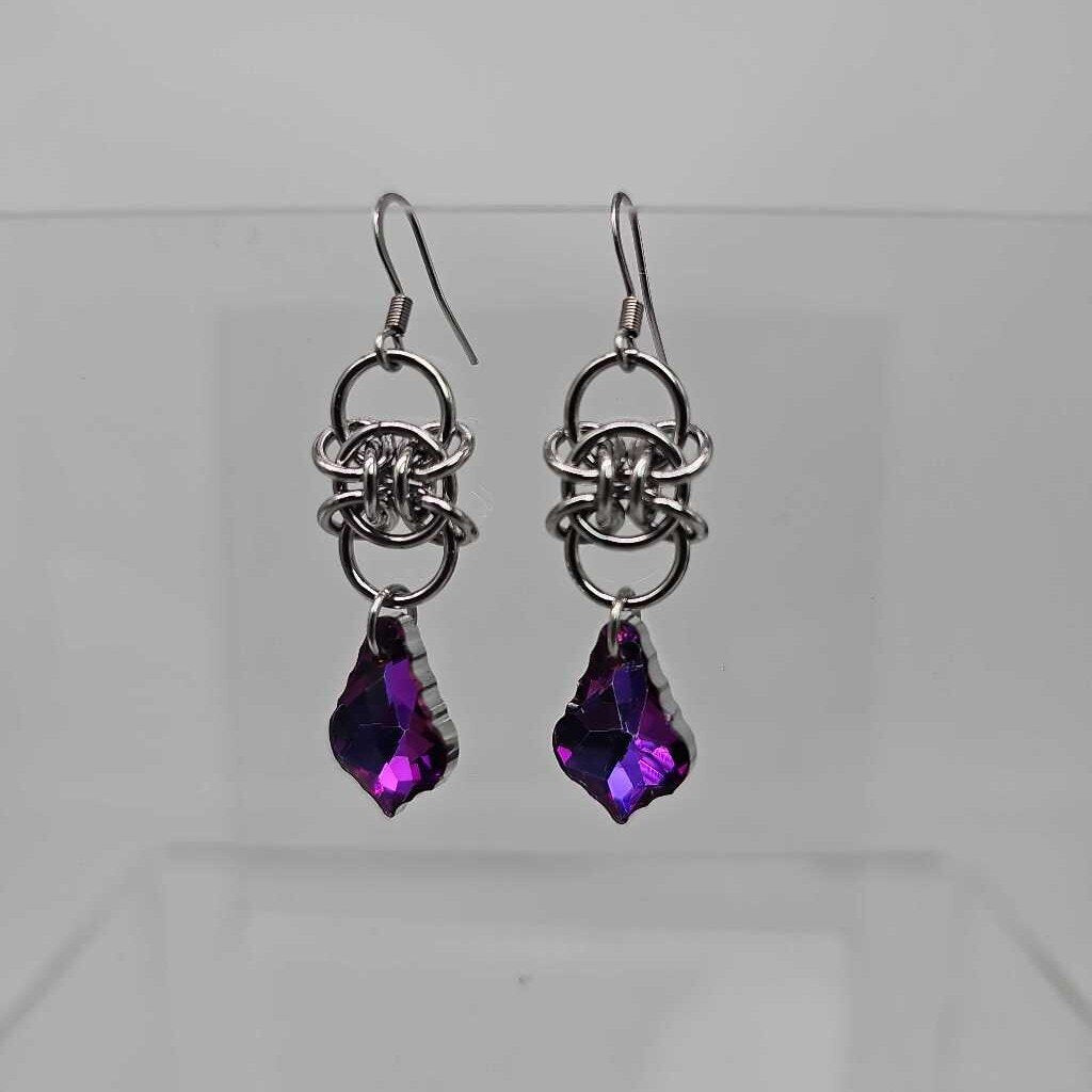 Stainless Steel Helftic Purple Crystal Earrings, Surgical Steel Ear Wires