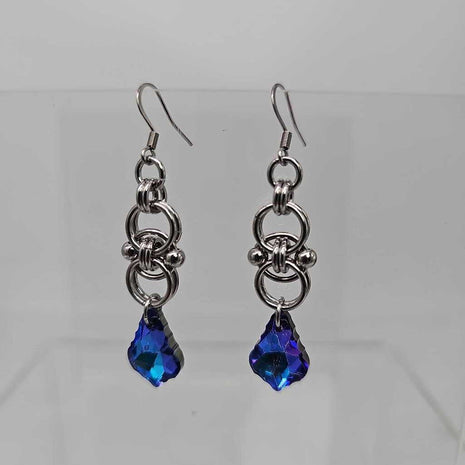 Stainless Steel Helm with Blue Crystal Earrings, Surgical Steel Ear Wires
