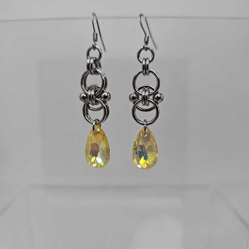 Stainless Steel Helm with Yellow Crystal Earrings, Surgical Steel Ear Wires