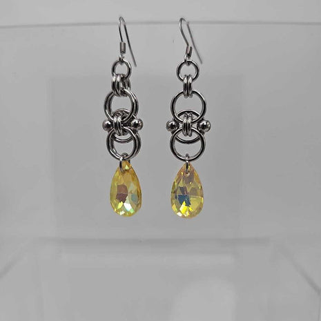 Stainless Steel Helm with Yellow Crystal Earrings, Surgical Steel Ear Wires