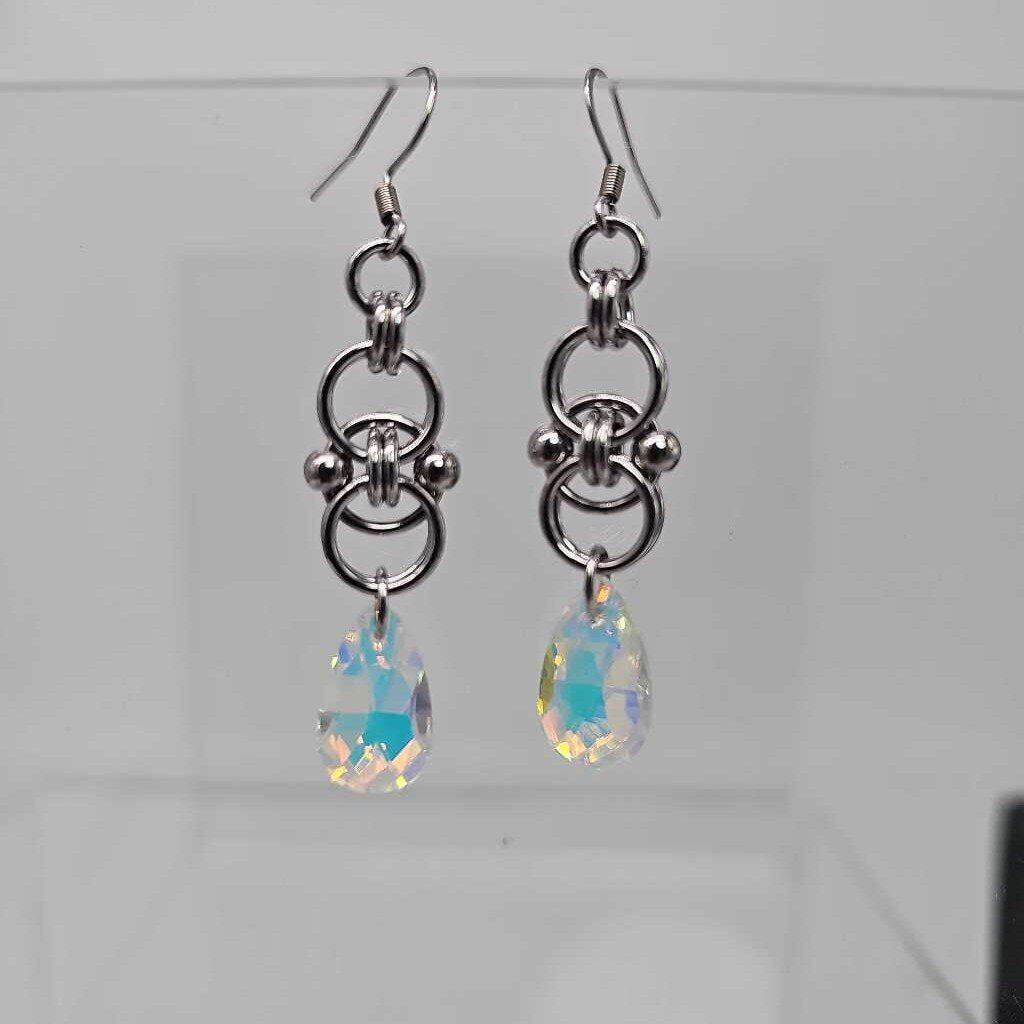 Stainless Steel Helm with AB White Crystal Earrings, Surgical Steel Ear Wires