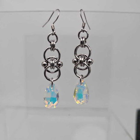 Stainless Steel Helm with AB White Crystal Earrings, Surgical Steel Ear Wires