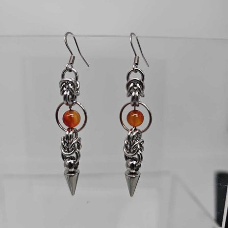 Stainless Steel Half Byzantine Carnelian Spike Earrings, Surgical Steel Ear Wires