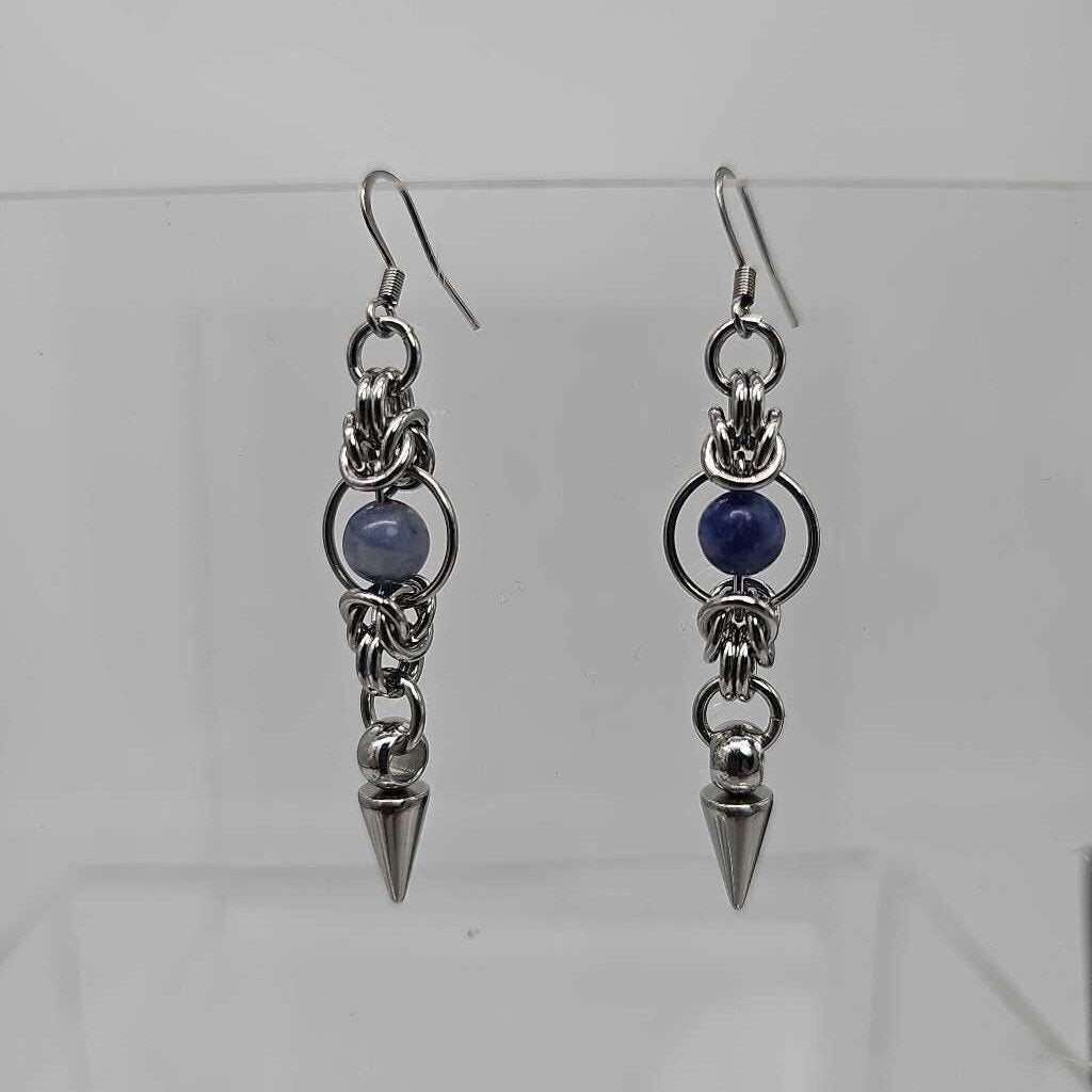 Stainless Steel Half Byzantine Sodalite Spike Earrings, Surgical Steel Ear Wires