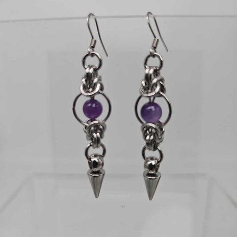 Stainless Steel Half Byzantine Amethyst Spike Earrings, Surgical Steel Ear Wires