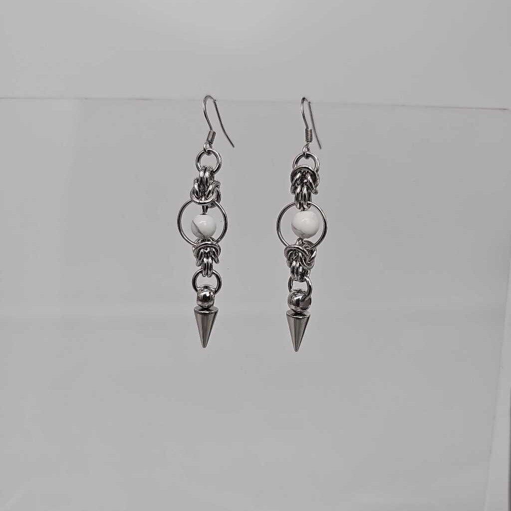 Stainless Steel Half Byzantine White Agate Spike Earrings, Surgical Steel Ear Wires