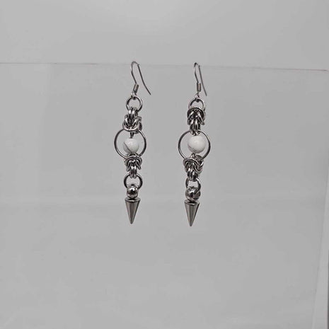 Stainless Steel Half Byzantine White Agate Spike Earrings, Surgical Steel Ear Wires