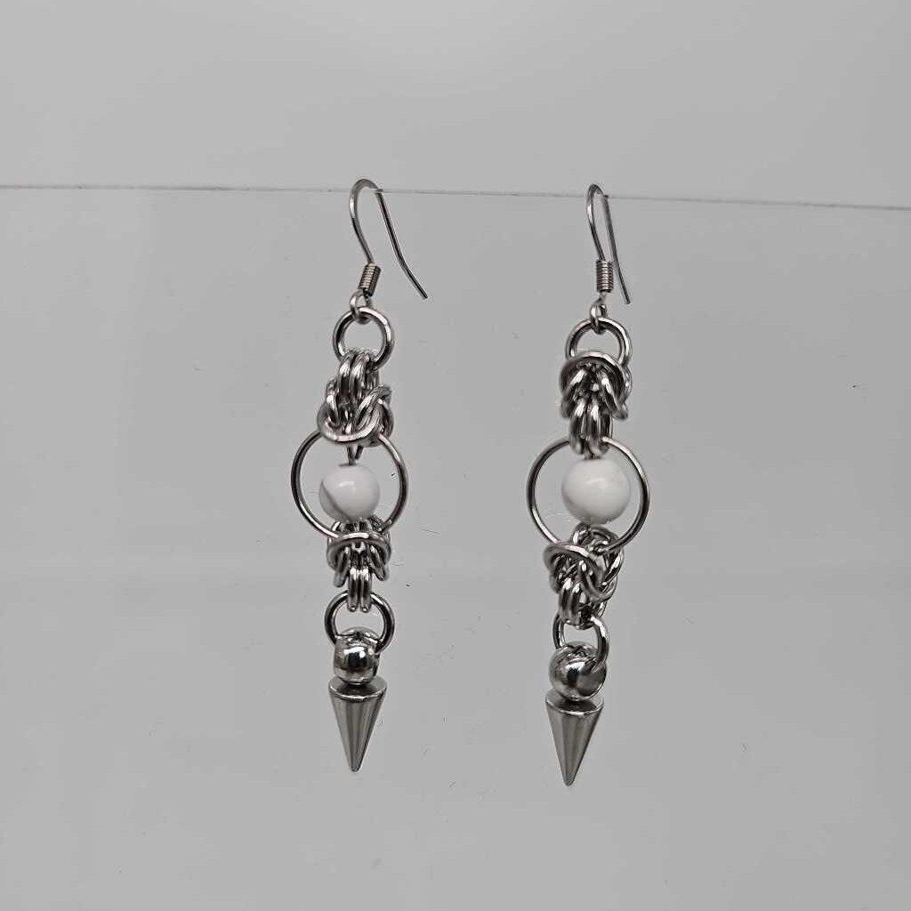 Stainless Steel Half Byzantine White Agate Spike Earrings, Surgical Steel Ear Wires