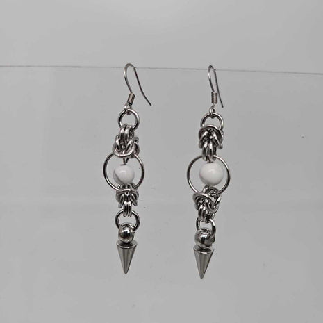 Stainless Steel Half Byzantine White Agate Spike Earrings, Surgical Steel Ear Wires