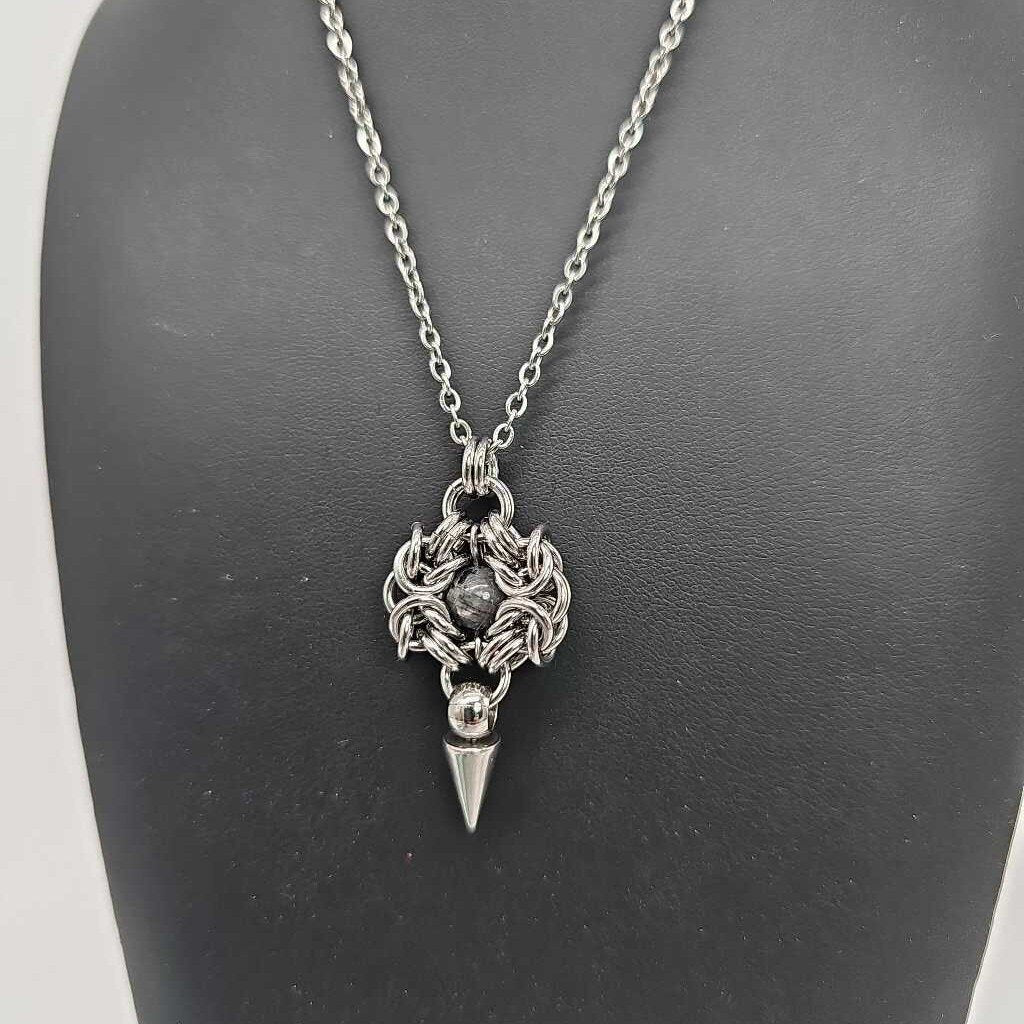 Stainless Steel Romanov with Labradorite and Spike Necklace, 20 inch Stainless Steel Chain