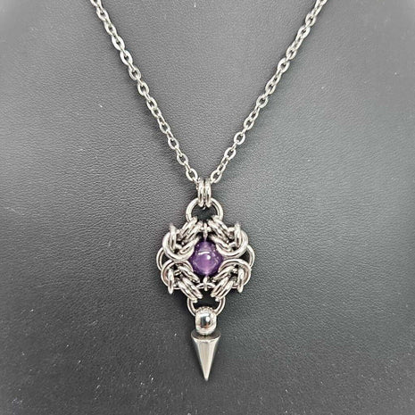 Stainless Steel Romanov with Amethyst and Spike Necklace, 20 inch Stainless Steel Chain