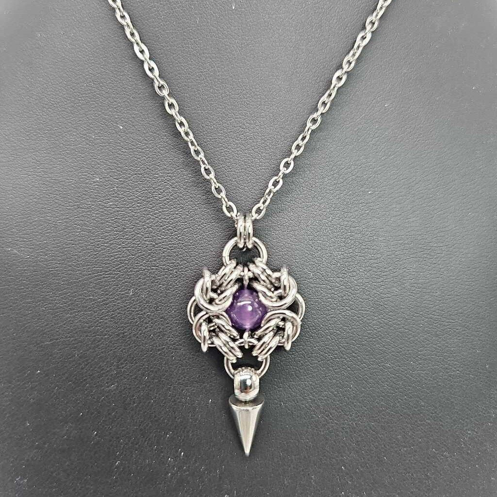 Stainless Steel Romanov with Amethyst and Spike Necklace, 20 inch Stainless Steel Chain