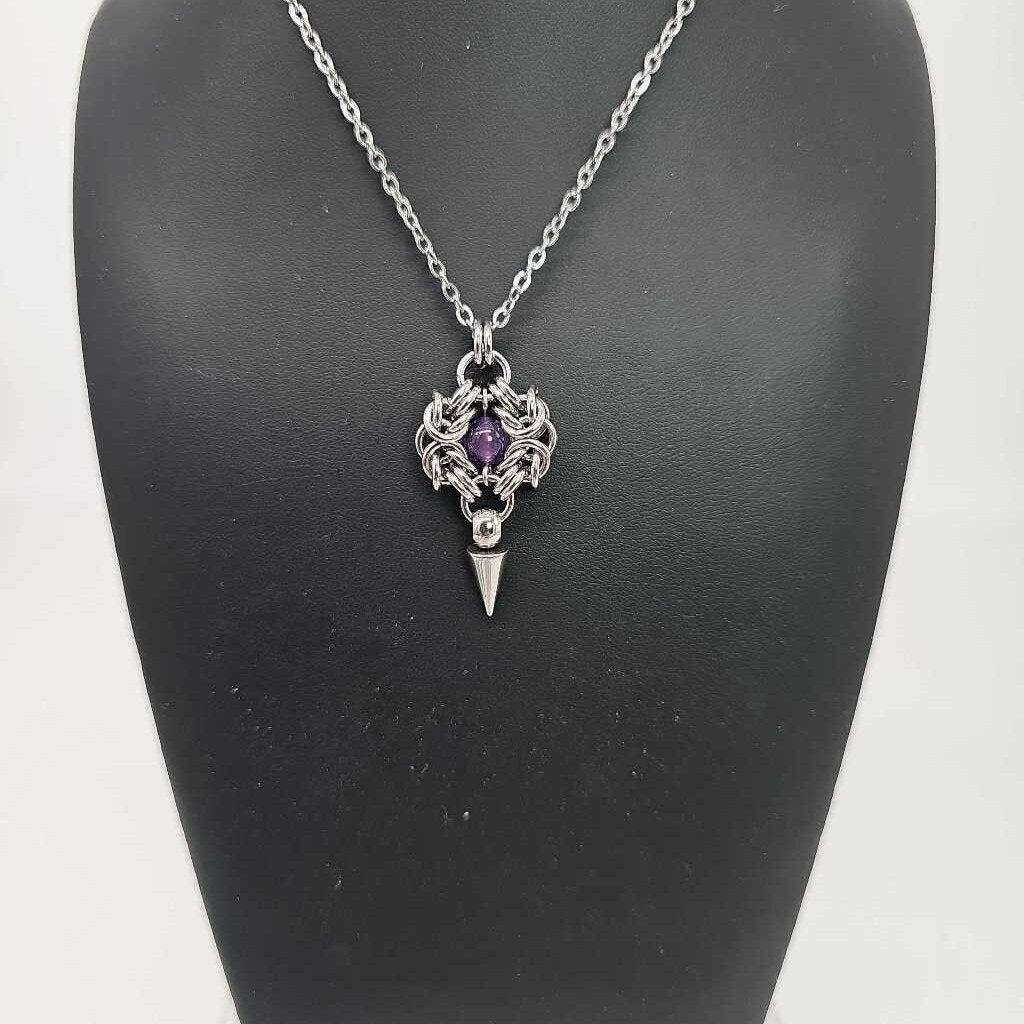 Stainless Steel Romanov with Amethyst and Spike Necklace, 20 inch Stainless Steel Chain