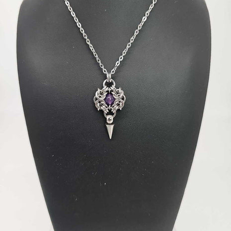 Stainless Steel Romanov with Amethyst and Spike Necklace, 20 inch Stainless Steel Chain