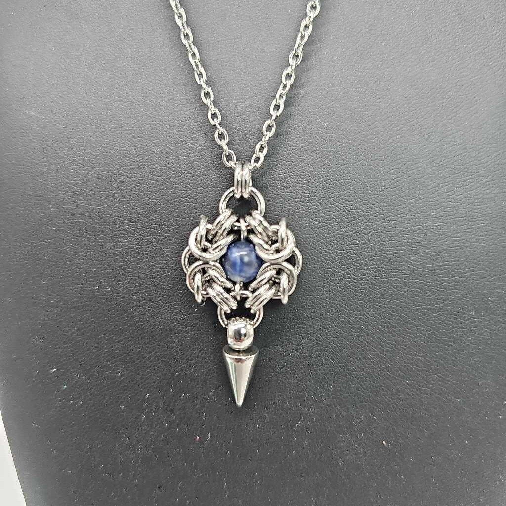Stainless Steel Romanov with Sodalite and Spike Necklace, 20 inch Stainless Steel Chain