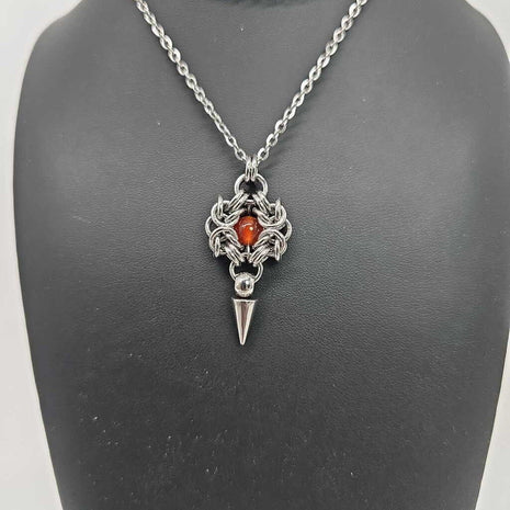 Stainless Steel Romanov with Carnelian and Spike Necklace, 20 inch Stainless Steel Chain