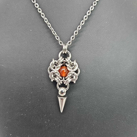 Stainless Steel Romanov with Carnelian and Spike Necklace, 20 inch Stainless Steel Chain