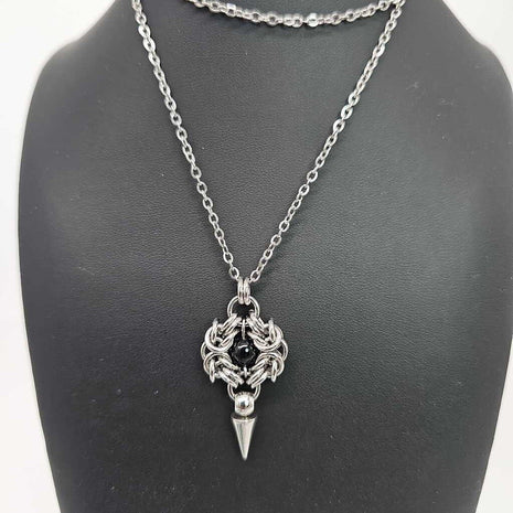 Stainless Steel Romanov with Black Agate and Spike Necklace, 20 inch Stainless Steel Chain