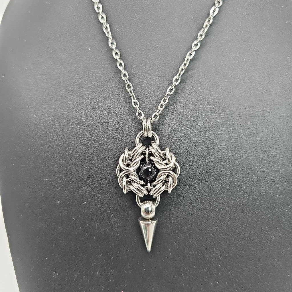 Stainless Steel Romanov with Black Agate and Spike Necklace, 20 inch Stainless Steel Chain