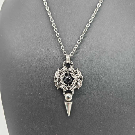 Stainless Steel Romanov with Black Agate and Spike Necklace, 20 inch Stainless Steel Chain