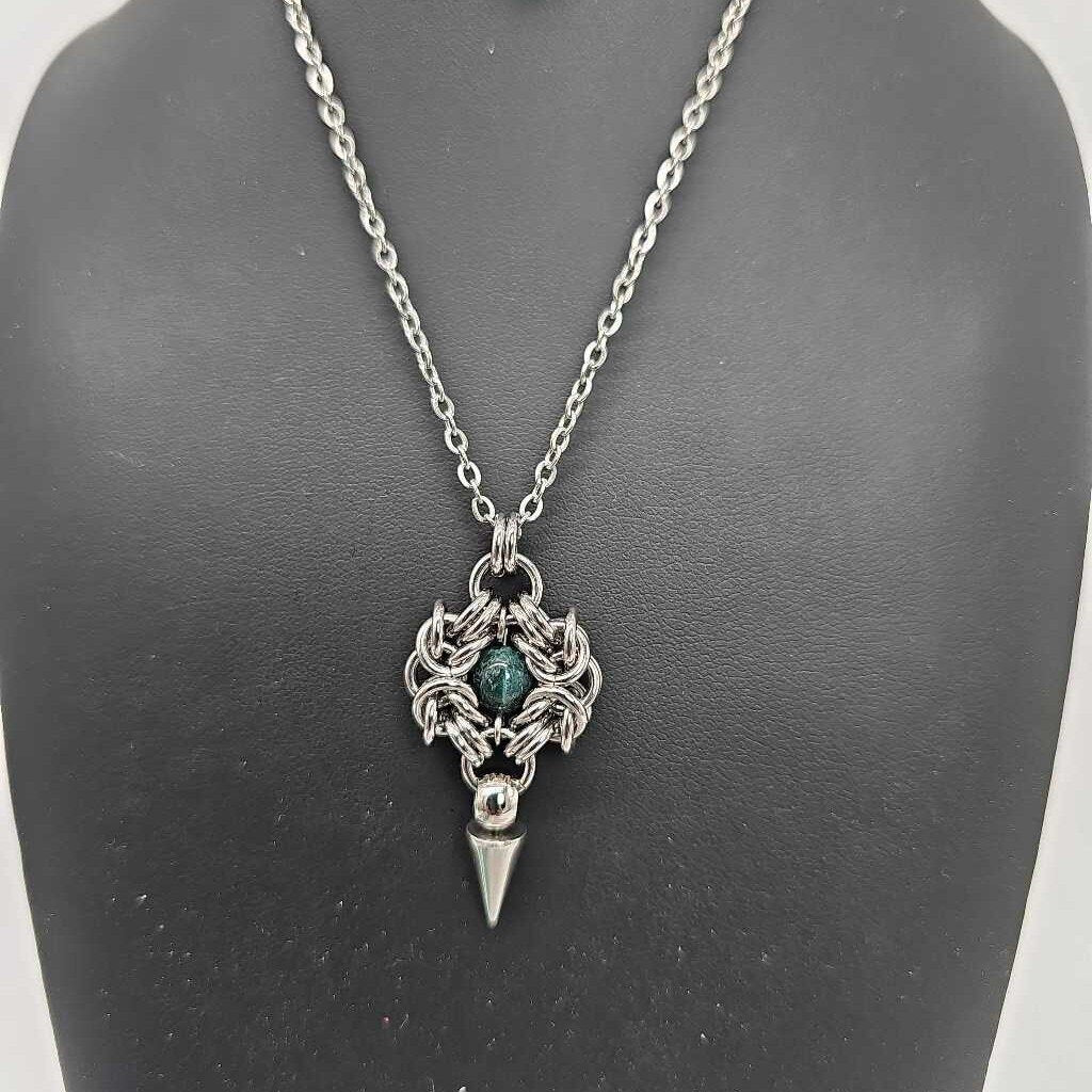 Stainless Steel Romanov with Indian Jasper and Spike Necklace, 20 inch Stainless Steel Chain