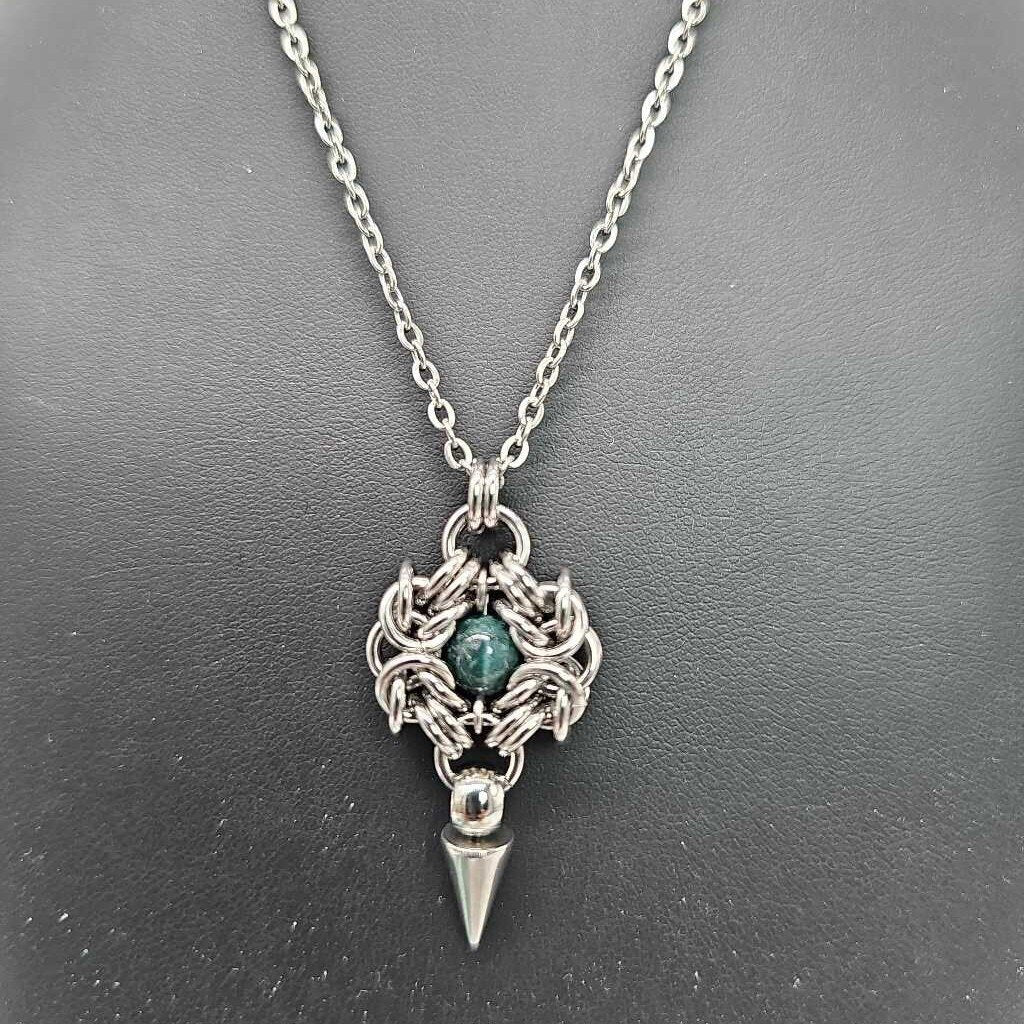 Stainless Steel Romanov with Indian Jasper and Spike Necklace, 20 inch Stainless Steel Chain