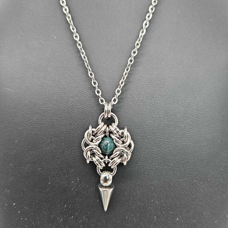 Stainless Steel Romanov with Indian Jasper and Spike Necklace, 20 inch Stainless Steel Chain