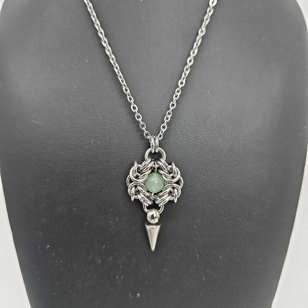 Stainless Steel Romanov with Aventurine and Spike Necklace, 20 inch Stainless Steel Chain