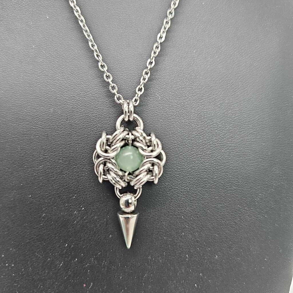 Stainless Steel Romanov with Aventurine and Spike Necklace, 20 inch Stainless Steel Chain