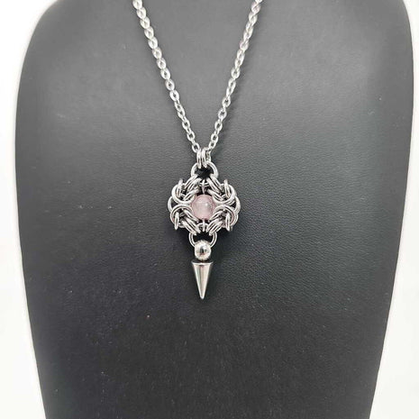 Stainless Steel Romanov with Rose Quartz and Spike Necklace, 20 inch Stainless Steel Chain