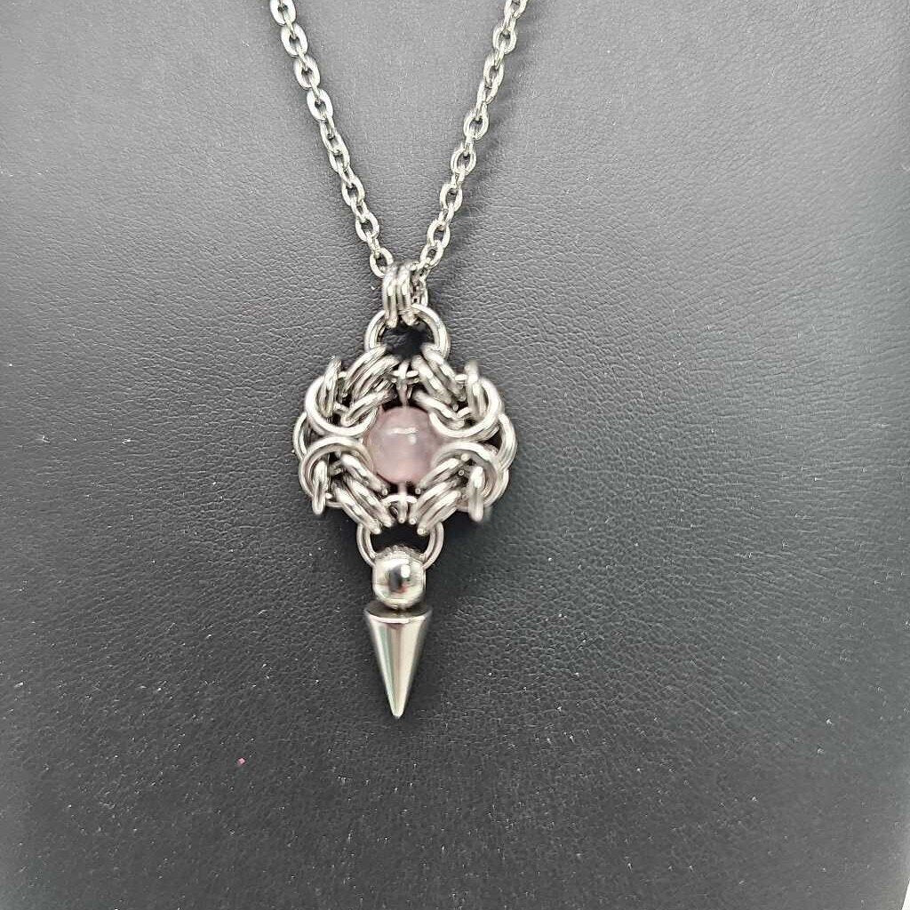 Stainless Steel Romanov with Rose Quartz and Spike Necklace, 20 inch Stainless Steel Chain