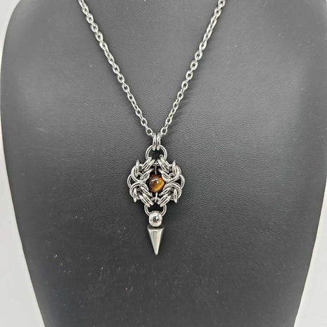 Stainless Steel Romanov with Tigers Eye and Spike Necklace, 20 inch Stainless Steel Chain