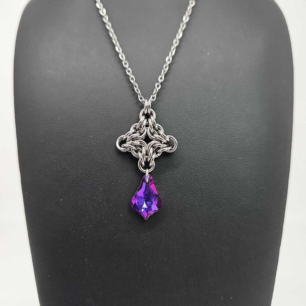 Stainless Steel Diamond with Purple Blue Crystal Necklace, 20 inch Stainless Steel Chain
