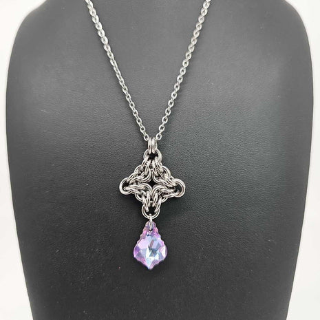 Stainless Steel Diamond with Light Purple Light Blue Crystal Necklace, 20 inch Stainless Steel Chain