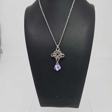 Stainless Steel Diamond with Light Purple Light Blue Crystal Necklace, 20 inch Stainless Steel Chain