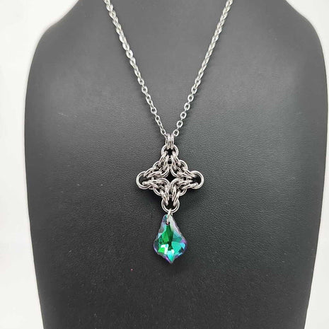 Stainless Steel Diamond with Green Crystal Necklace, 20 inch Stainless Steel Chain