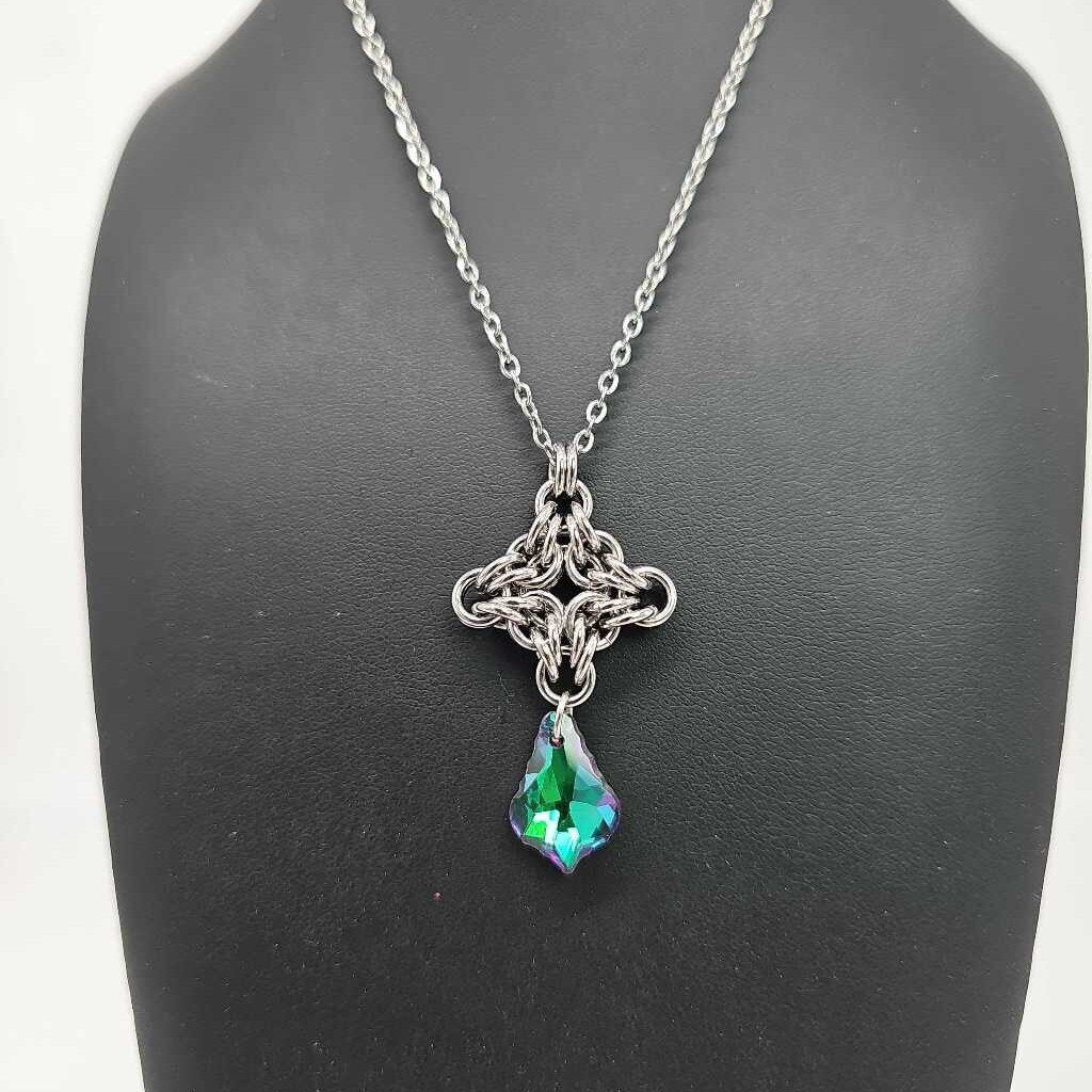 Stainless Steel Diamond with Green Crystal Necklace, 20 inch Stainless Steel Chain