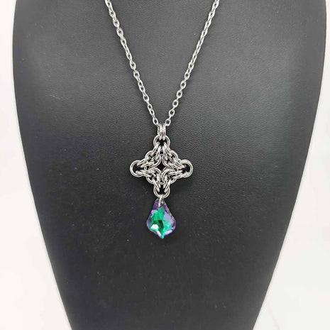 Stainless Steel Diamond with Green Crystal Necklace, 20 inch Stainless Steel Chain