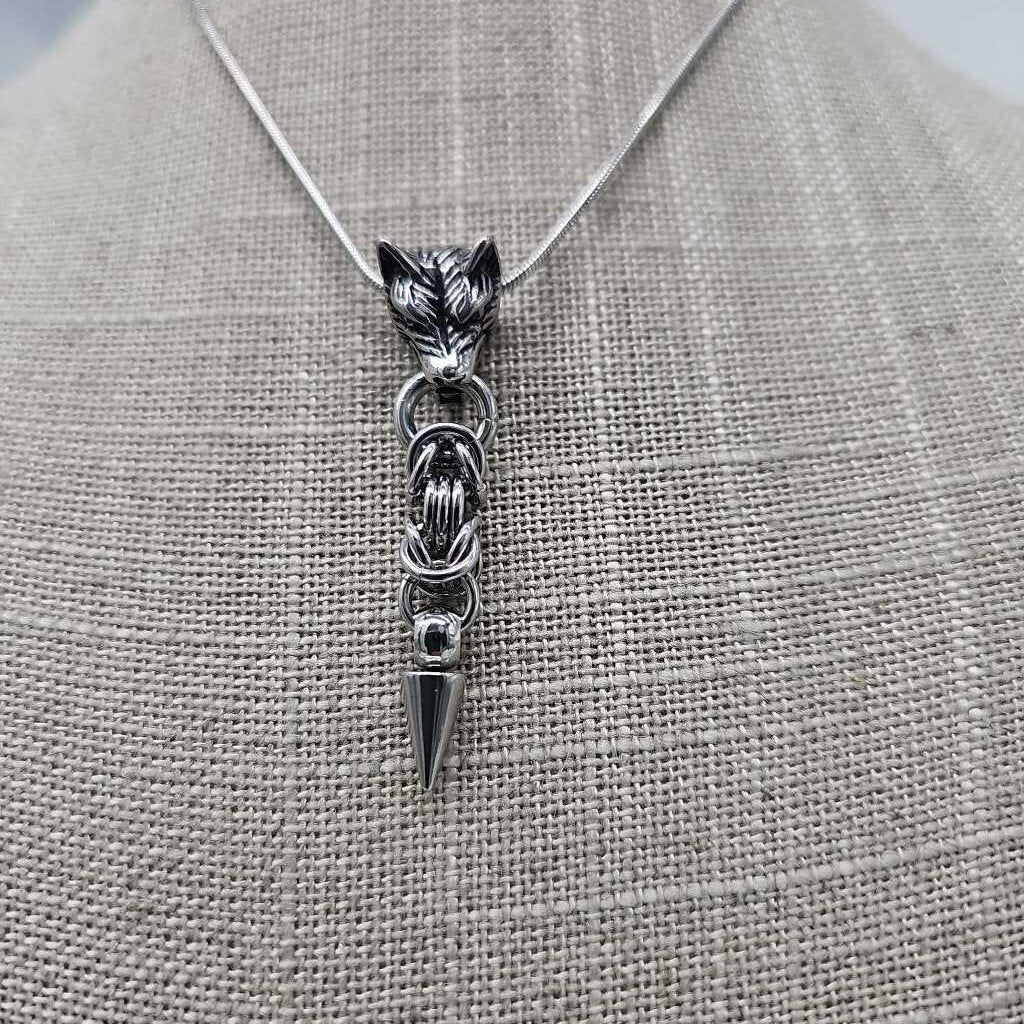 Stainless Steel Byzantine with Wolf Head and Spike Necklace, 20 inch Stainless Steel Chain