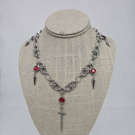 Stainless Steel Beaded Helm And Red Crystal and Spikes with Sword Necklace 16-18 inches long