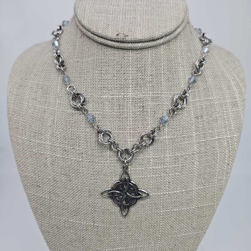 Stainless Steel Mobius And Light Blue Beads and Celtic Knot Necklace 16-18 inches long