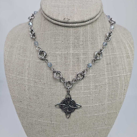 Stainless Steel Mobius And Light Blue Beads and Celtic Knot Necklace 16-18 inches long