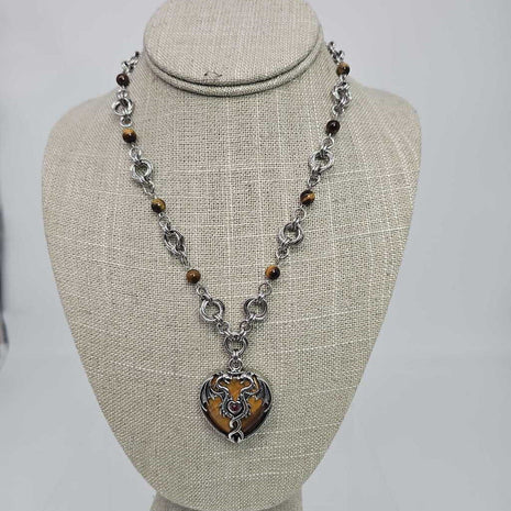 Stainless Steel Mobius And Tigers Eye Beads and Tigers Eye Dragon Heart Necklace 16-18 inches long