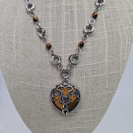 Stainless Steel Mobius And Tigers Eye Beads and Tigers Eye Dragon Heart Necklace 16-18 inches long