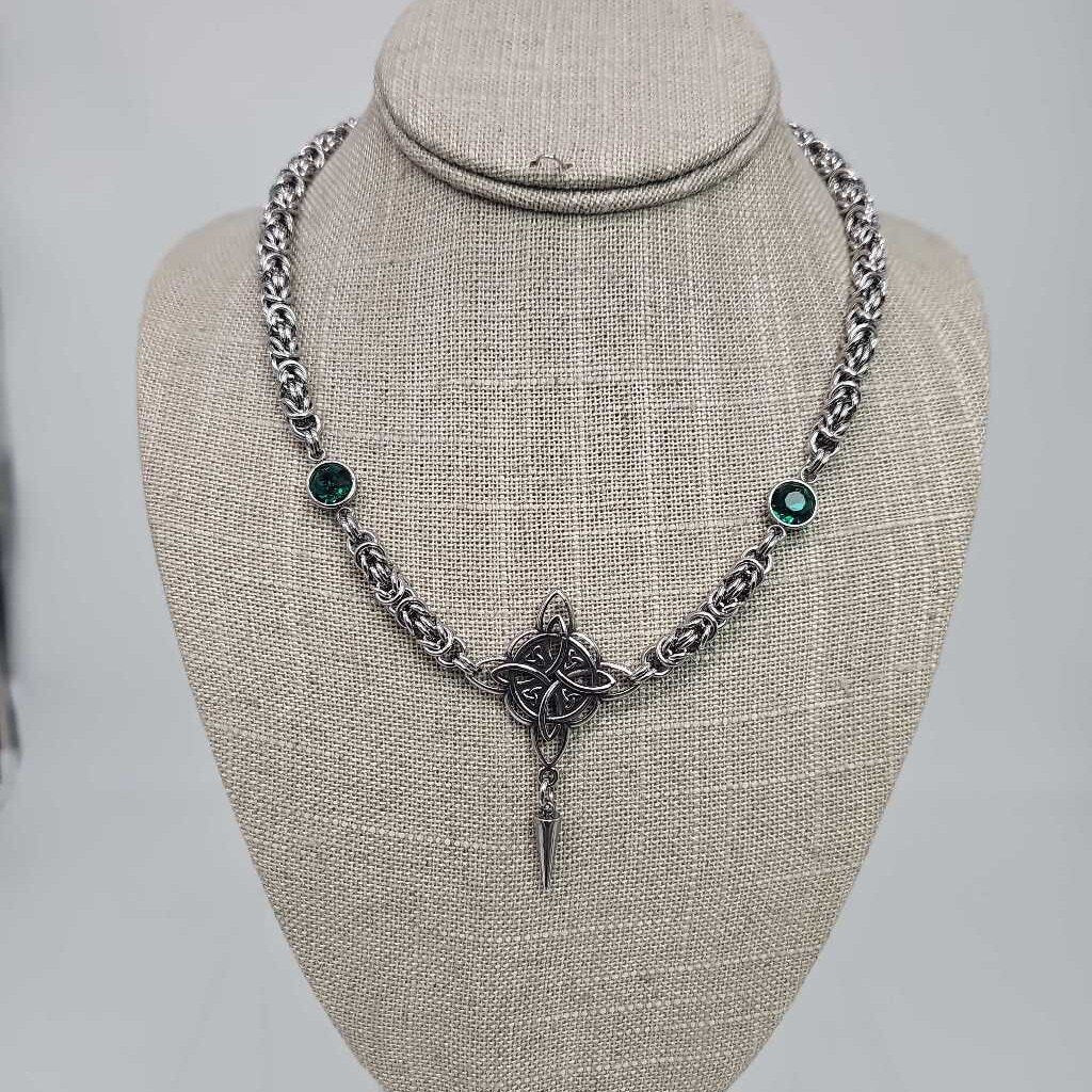 Stainless Steel Byzantine And Green Crystals and Celtic Knot Necklace 16-18 inches long