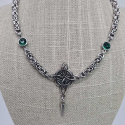 Stainless Steel Byzantine And Green Crystals and Celtic Knot Necklace 16-18 inches long - view 2