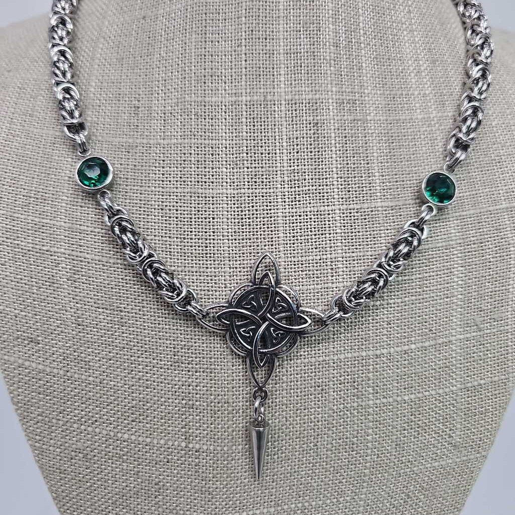 Stainless Steel Byzantine And Green Crystals and Celtic Knot Necklace 16-18 inches long